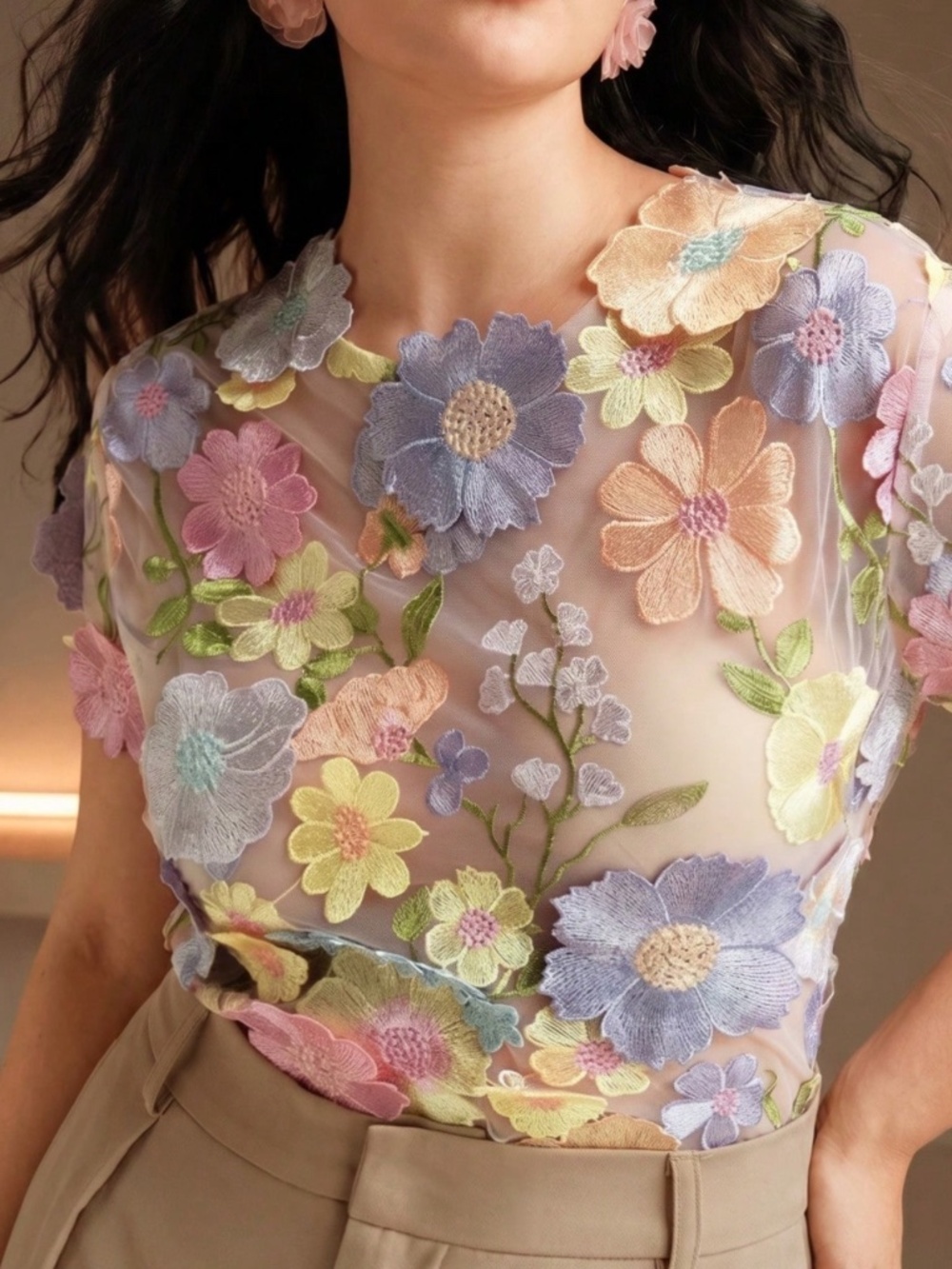 Classic Floral Applique Semi Sheer Short Sleeve Blouse - Picture 5 of 5